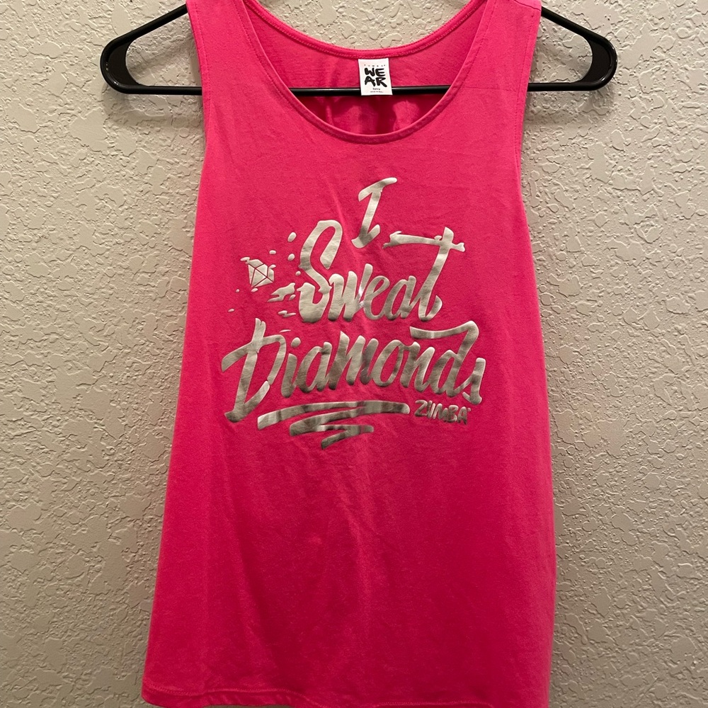 Zumba Fitness “I Sweat Diamonds” Open Back Tank Top  Silver/Berry Pink